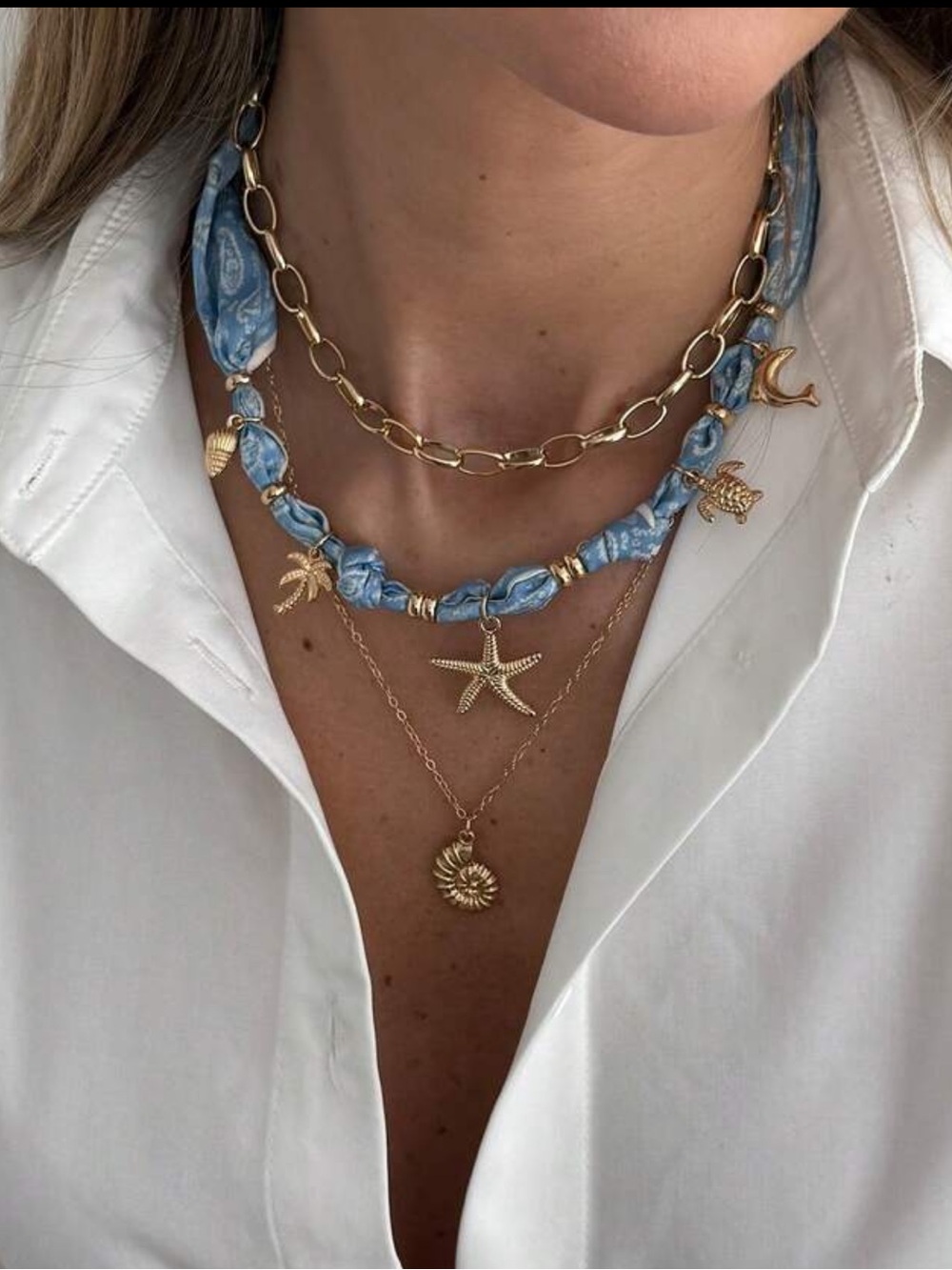 Gold Charm Layered Necklace Set with Light Blue Scarf Accent